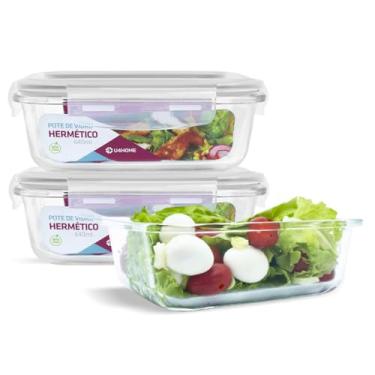 Imagem de Conjunto 3 Pote Vidro Hermético Marmita Tampa Plástico 640ml (Branco)