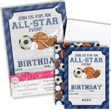 Imagem de Convites de festa de aniversário com tema esportivo All Star Blue para meninos, 20 cartões de 12,7 cm x 17,7 cm com vinte envelopes brancos da AmandaCreation