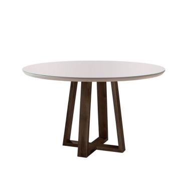 Imagem de Mesa De Jantar Redonda Natalle Madeira Maciça E Tampo Com Vidro 100Cm Móveis Mix Castanho/Off White