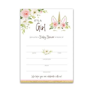 Imagem de Roseum Collections It's a Girl UNICORN Baby Shower Convites — Pacote com 25 — Baby Girl Blank Fill-in Baby Shower Convida, Rosa Floral Unicórnio Arco-íris Magical Girl Baby Shower Invitation I640-INV1