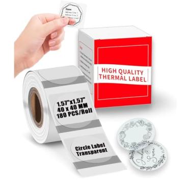 Imagem de Círculo de etiquetas térmicas M110 transparentes - 40 mm (40 mm), papel de etiqueta durável e resistente às intempéries compatível com Phomemo M110, M100, M220, M221, M150, M250, M260, 180 peças