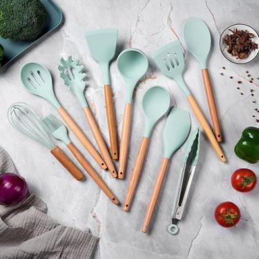 Imagem de Kit 12 Utensílios Cozinha Silicone Cabo MadeiraVERDE - VERDE 12 PCS