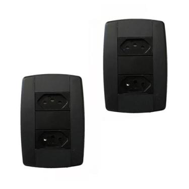 Imagem de Kit 2 Conjunto 2 Tomadas Preta Monobloco 2P+T 10A 250V 4X2 - Ilumi