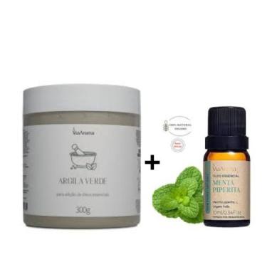 Imagem de Kit 1 Argila Verde 300 gramas + 1  Óleo Essencial Menta Piperita 10ml 