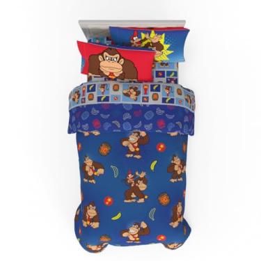 Imagem de Franco Jogo de cama colecionável Nintendo Donkey Kong para jogos, 5 peças, super macio, reversível, edredom e lençol com capa, solteiro (produto oficialmente licenciado)