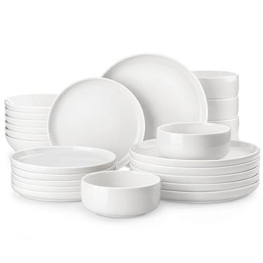 Imagem de MALACASA Conjunto de pratos e tigelas, 24 peças modernas de porcelana para 6 louças de cerâmica, branco, conjunto de utensílios de jantar, para micro-ondas e lava-louças, série LUNA