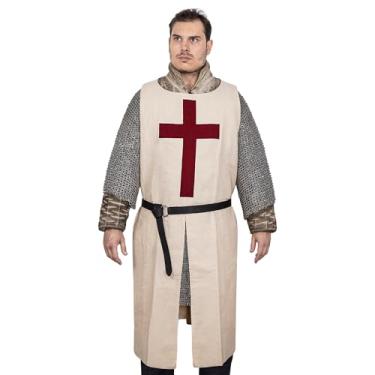 Imagem de Lord of Battles Sobretudo de túnica medieval | Fantasia de cavaleiros templários, armadura cruzada, tabardo viking para fantasia de Halloween LARP (templário - marrom, G/GG)