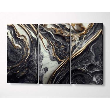 Imagem de 3 Quadros em Tecido Canvas Abstrato Black Gold Mármore - LindaCasaPrem
