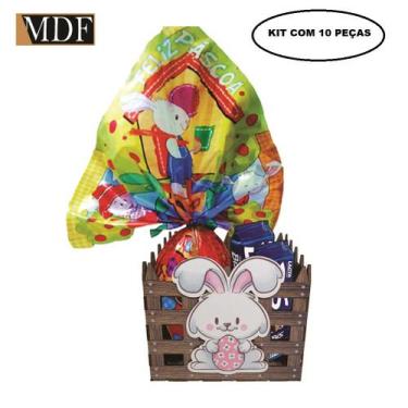 Imagem de Cesta com Cercado e Aplique Coelho Ovo Rosa Páscoa Kit 10 Un. 15X15x12