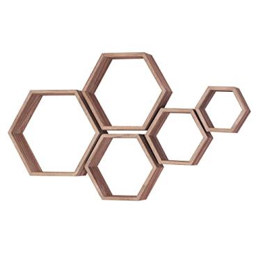 Imagem de Prateleiras hexagonais para parede, conjunto de 5 prateleiras flutuantes hexagonais, prateleiras de colmeia octógono, cubo suspenso de madeira rústica para sala de estar, quarto, cozinha, banheiro,