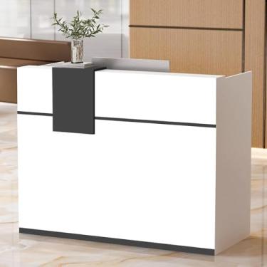 Imagem de Balcão de recepção moderno, frente em forma de U com gaveta com trava, mesa de recepção de madeira para saguão de escritório para escritório, casa, escola, salão, spa, preto + branco, 120 x 60 x 105
