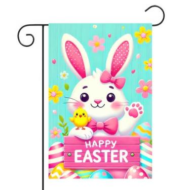 Imagem de BlissYard Feliz coelhinho da páscoa bandeira de jardim flor de ovo colorido bonito desenho animado pintinho floral decorações externas dupla face 30,5 x 45,7 cm bandeiras de pátio gramado quintal