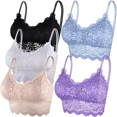 Imagem de Duufin 5 peças de sutiã de renda para mulheres, sutiã bandeau de renda acolchoado, preto, branco, bege, lavanda, azul celeste, G-GG