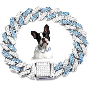 Imagem de Pimaodog Coleira de corrente para cães pequenos, colar de diamante, strass, glitter, metal, estrangulador, elos cubanos, coleira de cristal, joia para cães e gatos (azul, 50,8 cm)