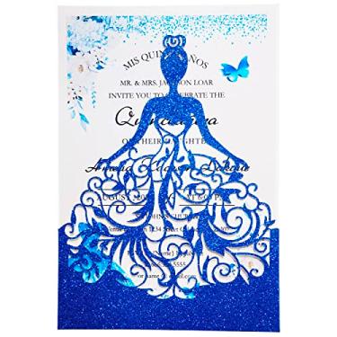 Imagem de FLZOPYNE 12 x 18 cm 20 peças de cartões de convites de quinze anos azul royal, 16, corte a laser, kit de cartão de convite de princesa com envelopes para casamento, festa, quinze anos, XV Años, Mis