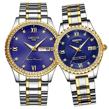 Imagem de Relógios para casais de diamante de luxo para homens e mulheres, conjunto de relógio para ele e ela, marido, esposa, dia dos namorados, relógio de pulso combinando, presente de casamento, data, à prova d'água, quartzo, analógico, NIBOSI, Azul