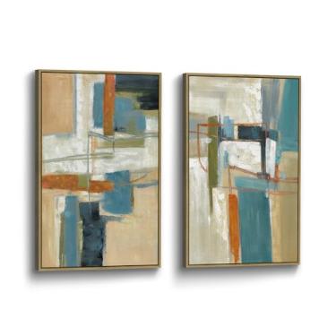 Imagem de Arte de parede emoldurada geométrica abstrata: 2 peças minimalista em forma de tela imagem impressão contemporânea vertical estética moderna arte decoração sala de estar quarto