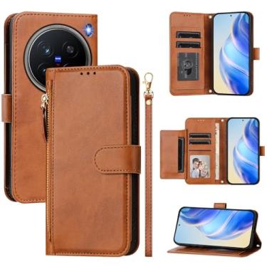 Imagem de Kukoufey Capa de telefone compatível com Vivo X200 Pro 5G Coldre, compatível com Vivo X200 Pro 5G V2405A V2405DA Flip PU couro zíper carteira capa marrom
