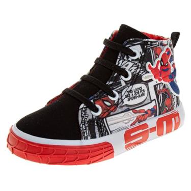 Imagem de Josmo Tênis infantil de cano alto do Homem-Aranha, atlético, leve, respirável - Spidey Tênis masculino HighTops Personagem (Tamanhos: 7-10 criança pequena/11-12 criança pequena), Preto, 19