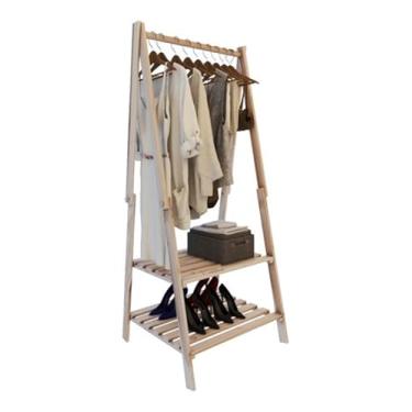 Imagem de Cabideiro Dobrável com 2 Prateleiras para Sapatos Arara de Roupas em Madeira Organizador Multiuso