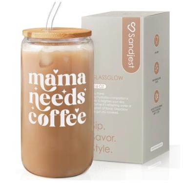 Imagem de SANDJEST Mamãe garrafa de vidro, caneca de café Mama Needs com tampa e canudo, lata de vidro estética de café gelado, presente ideal para Natal, aniversário, dia das mães, presentes para mulheres, 473