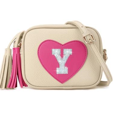 Imagem de OYLOLA Presentes de aniversário para meninas, inicial para meninas, bolsa infantil, bolsas infantis, presentes para meninas, bolsas de coração para meninas, Bege, Y