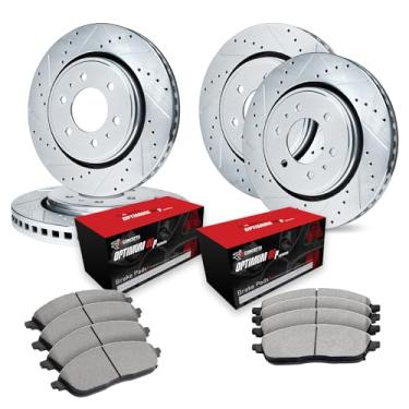 Imagem de R1 Concepts Rotores de freio traseiros dianteiros da série eLINE perfurados e ranhurados prateados com pastilhas OEp ideais compatíveis com Ford Expedition 2002-2006, Lincoln Navigator