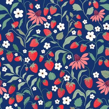 Imagem de VaryStyle Papel de parede floral de morango de 45 x 998 cm, azul marinho/vermelho, natureza, floral, removível, impermeável, adesivo, papel de parede, papel de parede azul marinho para gavetas de