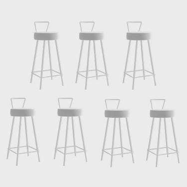 Imagem de Kit 07 Banqueta Alta Com Encosto Tais Eiffel Cozinha Bar Bistrô Ferro Branco Suede Branco - Ahz Móveis