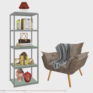 Imagem de Kit Poltrona Fatte com Manta Soft Cinza e Estante Livreiro Ferro Prata mdf Verde Oliva Suede Bege - Ahz Móveis