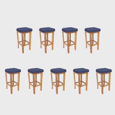 Imagem de Kit 09 Banqueta Alta Ben Gourmet Balcão Bistrô Cozinha Base Madeira Maciça Sintético Azul Marinho - Ahz Móveis