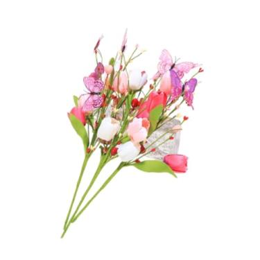 Imagem de Ｂｅｓｇａ Buquê de flores artificiais de tulipas com arranjo de decoração de borboleta floral para o dia dos namorados peça central de festa interna, 3 Peças