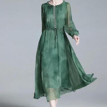 Imagem de Vestido Feminino De Chiffon Tie-dye Manga Bufante Seda Natural Linha a