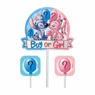 Imagem de Topo de Bolo Festa Stitch Chá Revelação Decoração 13x22cm - Piffer
