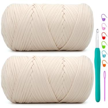 Imagem de Pacote com 2 camisetas para crochê, camiseta bege, tecido elástico macio, grosso, fio de crochê para crochê, tricô iniciante, bolsa de tricô à mão/artesanato faça você mesmo/decoração de casa 2 * 400G