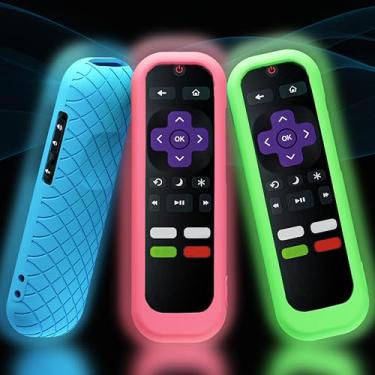Imagem de GMXT Pacote com 3 capas de silicone para controle remoto Roku, capa para Hisense/TCL Roku TV Steaming Stick/Express controle universal de substituição capa de silicone pele brilha no escuro (azul