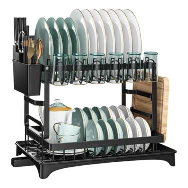 Imagem de Escorredor De Louça Prato Cozinha 2 Andares Inox Bandeja Grande Moderno Preto - Com Porta Pratos Talheres Copos (C)