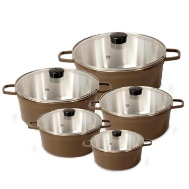 Imagem de Jogo De Panela Fundida Alumínio Batido Caçarolas 5 Peças Tampa de Vidro (Marrom)
