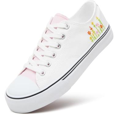 Imagem de ZGR Tênis feminino branco feminino, tênis de lona com cadarço, sapatos casuais de lona para caminhada, Flor branca, 39