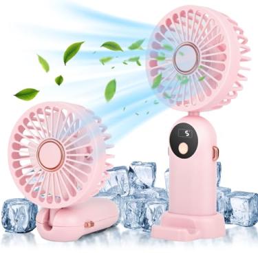 Imagem de HGNN Ventilador portátil, ventilador portátil rosa mini ventilador de mesa 90 graus dobrável 5 velocidades em pé com base, ventilador de pescoço operado por bateria com cordão, ventilador recarregável
