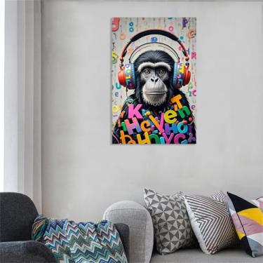 Imagem de Banksy Impressão de arte de parede macaco fone de ouvido arte de parede macaco pôster de tela animal para sala de estar escritório decoração de parede emoldurada pronta para pendurar decoração de
