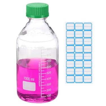 Imagem de PATIKIL Garrafas redondas de armazenamento de mídia, garrafas redondas graduadas de vidro espesso de 1000 ml com tampa de rosca verde GL45 para líquidos reagentes de água de laboratório, transparente