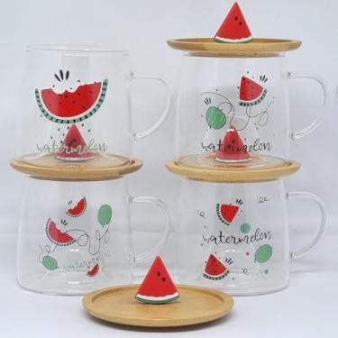 Imagem de Caneca Xícara Vidro Duplo com Pires Tampa Bambu 250 ml (Melancia)