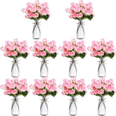 Imagem de Honeydak Pacote com 31 flores artificiais com vaso para mesa central, 20 pacotes de rosas de seda falsas, 10 vasos de plástico transparente com 1 corda para decoração de arranjos de casamento, festa