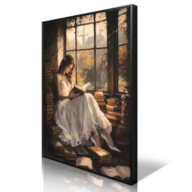 Imagem de YOZWNGU Arte de parede em tela de leitura de mulher vitoriana, pôster Dark Academia Library Book Nook, impressão de arte Moody Bookish, vintage clássico menina leitura na janela pintura presente para