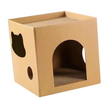 Imagem de WeiLaiKeQi Casa de papelão para gatos com arranhador, garras de trituração, proteção para móveis, casa arranhadora para gatos dormindo, de brincar para gatinhos, Marrom