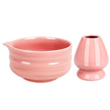 Imagem de Arrozon Tigela Matcha rosa de 482 g com bico, 2 peças de suporte de cerâmica Chasen e conjunto de tigelas de mistura, estilo japonês feito à mão chá verde Chawan fofo, presentes para amantes de matcha
