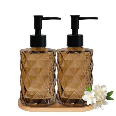 Imagem de Conjunto de 2 dispensadores de sabão de vidro para mãos e louças com bombas de plástico, bandeja de bambu, dispensador de sabão de banheiro marrom de 340 g com diamante para lavar à mão e lavar louça