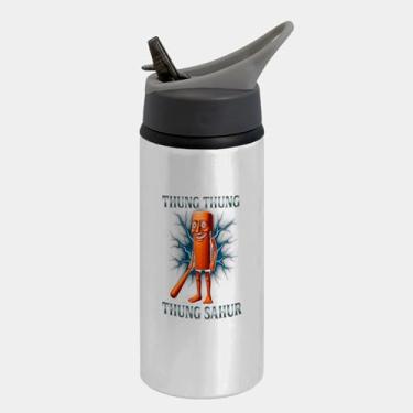 Imagem de Garrafa Squeeze Bico Prateada Premium 600ml - Tung Tung Tung Sahur Funny Animal Italian Brainrot Meme