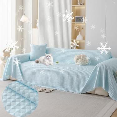 Imagem de HANDONTIME Capa de sofá refrescante de seda gelada lavável e respirável para sofá para animais de estimação, capa protetora de sofá durável para sofá que aceita animais de estimação (azul bebê, 180 x